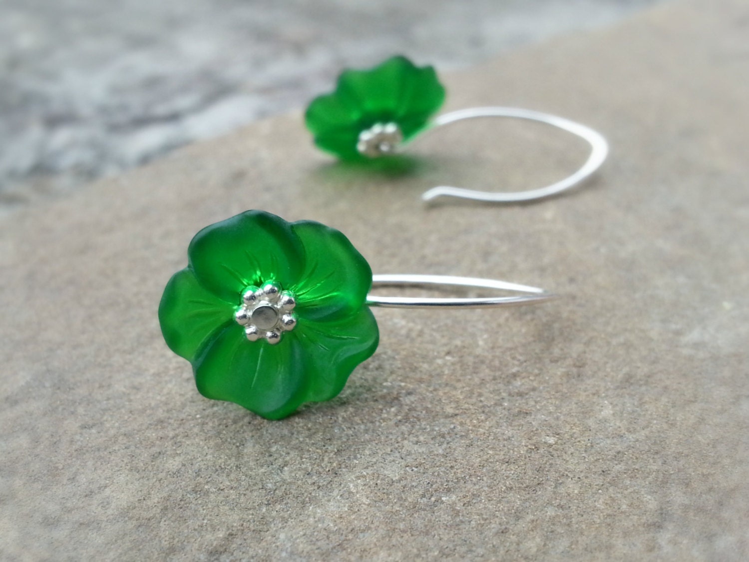 Lucite Flower Earrings Emerald Green With Sterling Silver St - Etsy