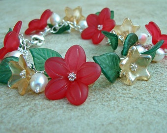 Lucite Flower and Leaf Bracelet with Sterling Silver, Pearls, Crystals and Glass Flower Beads Red, Green and White