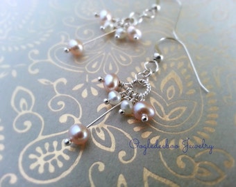 Peach Freshwater Pearl Cluster Earrings Long Pearl Dangles Sterling Silver Pearl Earrings