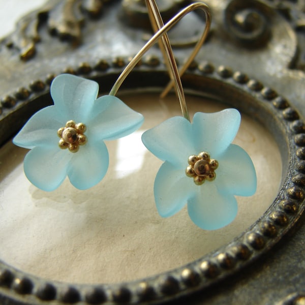 Lucite Flower Earrings Aqua Gold Filled Botanical Jewelry