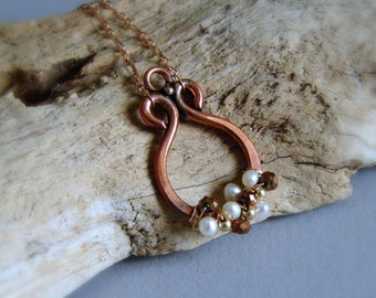 Copper Pearl Cluster Wire Wrapped Pendant Necklace Elegant Bohemian