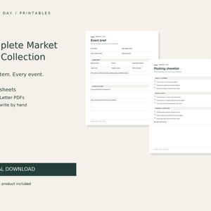 Könnte beinhalten: Eine digitale Sammlung von 20 druckbaren Arbeitsblättern für Marktveranstaltungen, einschließlich eines Event Brief und einer Packing checklist. Der Text lautet Complete Market Day Collection, One system. Every event., 20 worksheets.