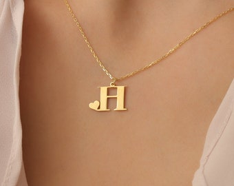 14K Gold Heart Letter Necklace, Custom Initial Necklace, Dainty Heart Pendant, Personalized Handmade Jewelry, Summer Jewelry, Gift For Her
