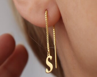 Silver Initial Stud Earrings, Gold Chain Earrings, Minimalist Elegant Stud Earrings, Dangle Chain Earrings, Bridesmaid Gifts , Gift for Her