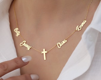 Customized Multi Names Cross Necklace, Personalized Double Family Kids Best Friend Couple Names Necklace, Dainty Name Necklace, Wedding Gift
