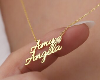 Collar de corazón personalizado con nombre en oro de 14 quilates, collar con nombre familiar, joyería familiar, collar de corazón, collar de corazón personalizado