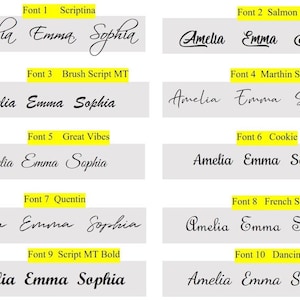 May include: A comparison of ten different fonts, each displaying the names Amelia, Emma, and Sophia. The fonts are Scriptina, Salmon White, Brush Script MT, Marthin Slant, Great Vibes, Cookie, Quentin, French Script MT, Script MT Bold, and Dancing Script OT.