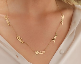 Collar con nombre en oro macizo de 14 quilates, collar con varios nombres en oro, collar con nombre familiar, joyería personalizada, regalos para el Día de la Madre, regalos para mamá