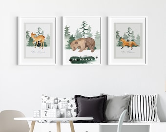 Nursery Wall Art, water color forest animals, children's wall art, forest animals nursery wall art