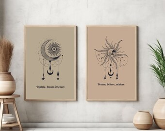 Juego de 2 impresiones de arte bohemio de sol y luna, arte digital bohemio de sol y luna, arte abstracto de sol y luna, arte de pared de líneas beige, vive según tus sueños, arte para guardería
