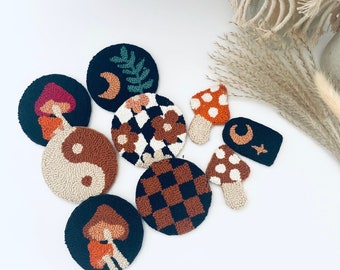 Retro Aesthetic Car Coaster Set, Punch Needle Car Coaster, Handmade gift, Coaster, Punch Needle, Car Accessories, Mushrooms, groovy, trippy