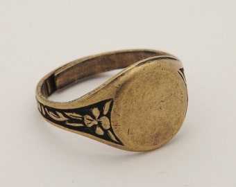 Ring Blanks - 5 Brass Ox (Oxidized) Floral Style 7 Round Glue On Pad Adjustable Ring Blanks - Great for Glass, Buttons and More