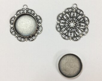 4 Filigree Earring or Pendant Stampings with 15mm Bezel, Antiqued Silver Ox (oxidized) Dangle Setting