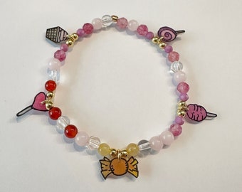 Handmade bracelet "Sweets" charms made of shrink plastic, real gemstones, 925 sterling silver real gold plated