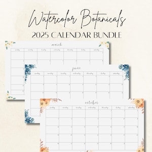 Watercolor Botanicals 2025 Calendar, Printable/Digital Download