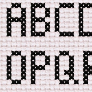 May include: Black and white cross-stitch embroidery of the letters A, B, C, D, O, P, Q, and R.