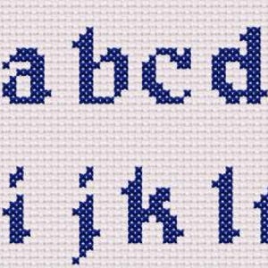 May include: Blue cross-stitch alphabet letters a, b, c, d, i, j, k, l. The letters are stitched on a white fabric.