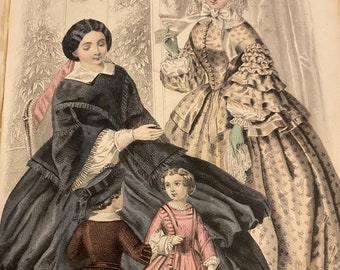 1857 Graham's Illustrated Magazine: Bound January - June Issues of Victorian Fashion Prints 6 Full Color Plates
