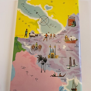 May include: A vintage illustrated map of Iran and surrounding countries, including the Caspian Sea, Turkey, Iraq, Saudi Arabia, and Kuwait. The map features various landmarks and symbols representing different aspects of the region, such as oil wells, a mosque, a rug weaver, and a boat.