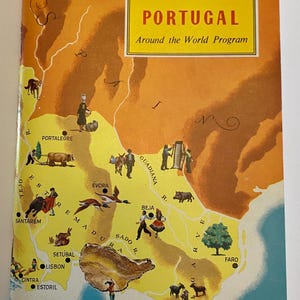 May include: A vintage map of Portugal with illustrations of people, animals, and landmarks. The map is labeled with the text "American Geographical Society" and "Portugal Around the World Program".