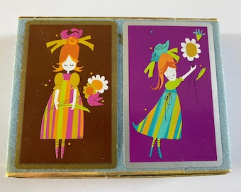 Vintage Mod Girls with Flowers Cards Deck Two Packs in Box