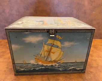 Large Vintage Biscuit Tin Heinz Christopher Columbus Heavy Duty Lockable Box Ships Sailing Graphics