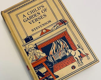 1930s A Child’s Garden of Verses Robert Louis Stephenson Classic Childrens Literature Decorative Cover Art Hardcover Red and Black on Tan