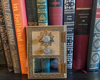 Vintage Post Office Mail Box Door with Combination Lock 1960s Grecian Design Brass & Glass Architectural Salvage Industrial Decor