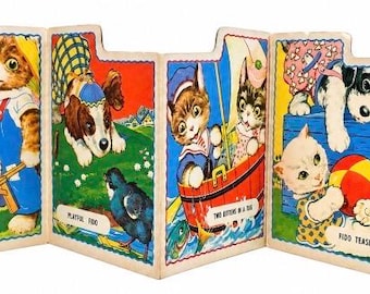 Vintage 1950 Panorama Childrens Play Book Kitties and Puppies Play and Fun Anthropomorphic Animals Folds to accordion display Hardcover Rare