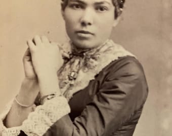 Late 1800s Victorian Woman in Bustle Dress Cabinet Card Photo  4-1/4 x 6-1/2 E Johnson Bryan Ohio