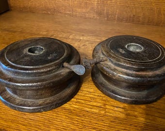 Pair of Antique Industrial Bobbins Wood Spools with Screws 4-1/2” wide Rustic Textile Mil Primitive Farmhouse Decor Candle Holders