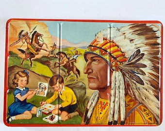 Vintage Watercolor Tin Native  American Indian Tin Litho Watercolors with Paints 1950s Made in England