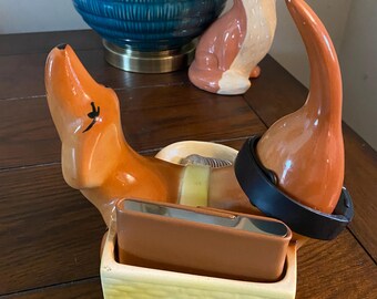 Vintage Mid-Century Dachshund Weiner Dog Dresser Caddy Ceramic Coin Trinket Dish Valet Tray Rover  Dog