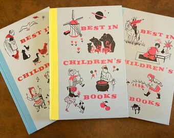 Vintage Children's Book Set of 3, Illustrated Classics, 1957-1961 Doubleday Yellow Blue Spines with Pictures Display