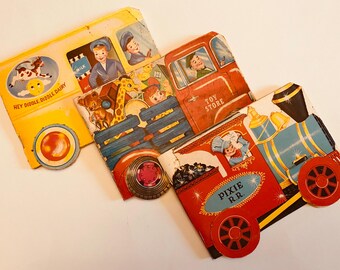 1930s Set of Vehicle Books Toy Store Truck Hey Diddle Diddle Dairy Van and Pixie RR Engine Blank Sketch Books