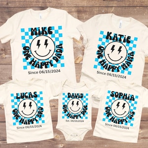 Matching Family One Happy Dude Birthday Shirt, Smiley Bolt Dot Eyes Birthday Tee, Personalized One Happy Dude First Birthday Boy Theme