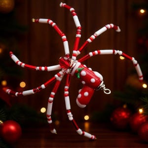 Beaded Christmas Spider Ornament: Polka Dot Stocking, Lampwork Santa Sock