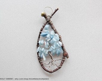 Catskill Tree of Life Pendant Jewelry - Natural Aquamarine Gemstone Twig Branch - Rustic for nature lovers! Spring Wire wrap Necklace