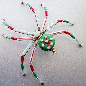 Green Red and White Snowflake Beaded Spider Christmas Holiday Tree Ornament