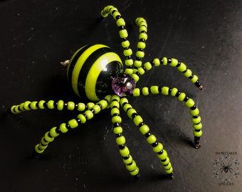 Green and Black Halloween Christmas Spider Holiday Tree Ornament with purple crystal head bead