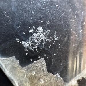 May include: Two distinct white snowflake crystals with intricate, symmetrical, six-pointed geometric patterns resting on a dark, textured surface. The image captures the delicate, crystalline structure of the ice, surrounded by small, scattered water droplets.