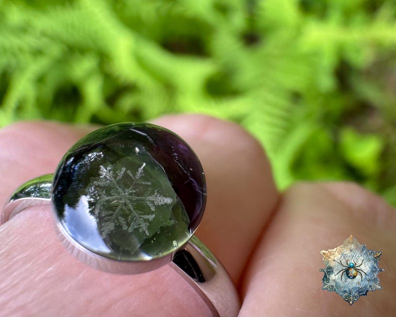 May include: A silver-toned ring featuring a smooth, rounded, dark-colored cabochon stone. The stone has a visible, intricate white snowflake pattern embedded within its surface. The ring band is polished metal and has a simple, clean design.