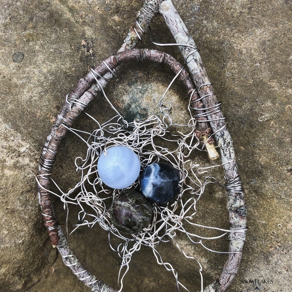 Catskill Mountain Birds Nest Jewelry - 3 Gemstone Eggs - Twig Branch Pendant Rustic for nature lovers! Fertility Spring Wire wrap Suncatcher