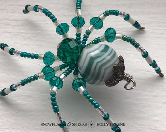 Crystal Green Teal Turquoise Striped Agate Ball Christmas Spider Beaded Holiday Tree Ornament Decor