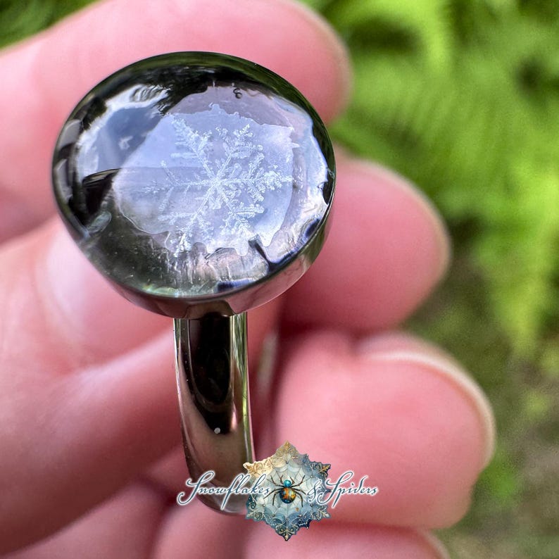 May include: A ring featuring a circular, dark, translucent resin dome containing a white, intricate snowflake design. The band is made of a polished, dark metallic material. The text "Snowflakes & Spiders" appears in a stylized font at the bottom.
