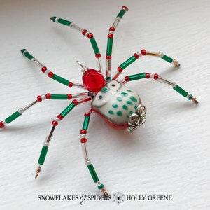 Glass Red Silver and Green Owl Christmas Spider Beaded Holiday Colors Ornament