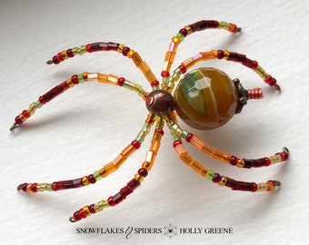 Tangerine Key Lime Faceted Agate Gemstone in Amber Orange and Green Christmas Spider Beaded Holiday Tree Ornament - Natural Design