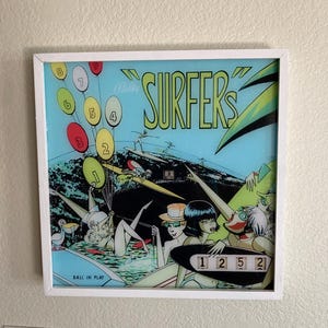 Arcade Glow XL – 20&quot; x 20&quot; Illuminated Pinball Backglass Art – &quot;SURFERS&quot;, 1967