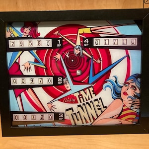 Puede incluir: Obra de arte enmarcada con una ilustración retro y el texto "TIME TUNNEL". La obra, con marco negro, muestra figuras coloridas y marcadores de puntuación. La paleta de colores incluye rojo, azul y blanco.