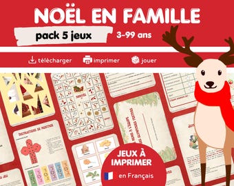 May include: A red background with the text "NOËL EN FAMILLE" in white. Below the text is "pack 5 jeux" and "3-99 ans". There are three icons: a download icon, a printer icon, and a dice icon. The icons are labeled "télécharger", "imprimer", and "jouer". The background is decorated with a reindeer illustration.
